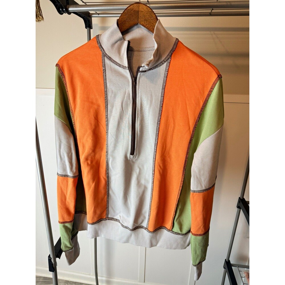 Women’s Small Colorblock Quarter Zip Pullover Orange Green Y2K Retro Sweatshirt